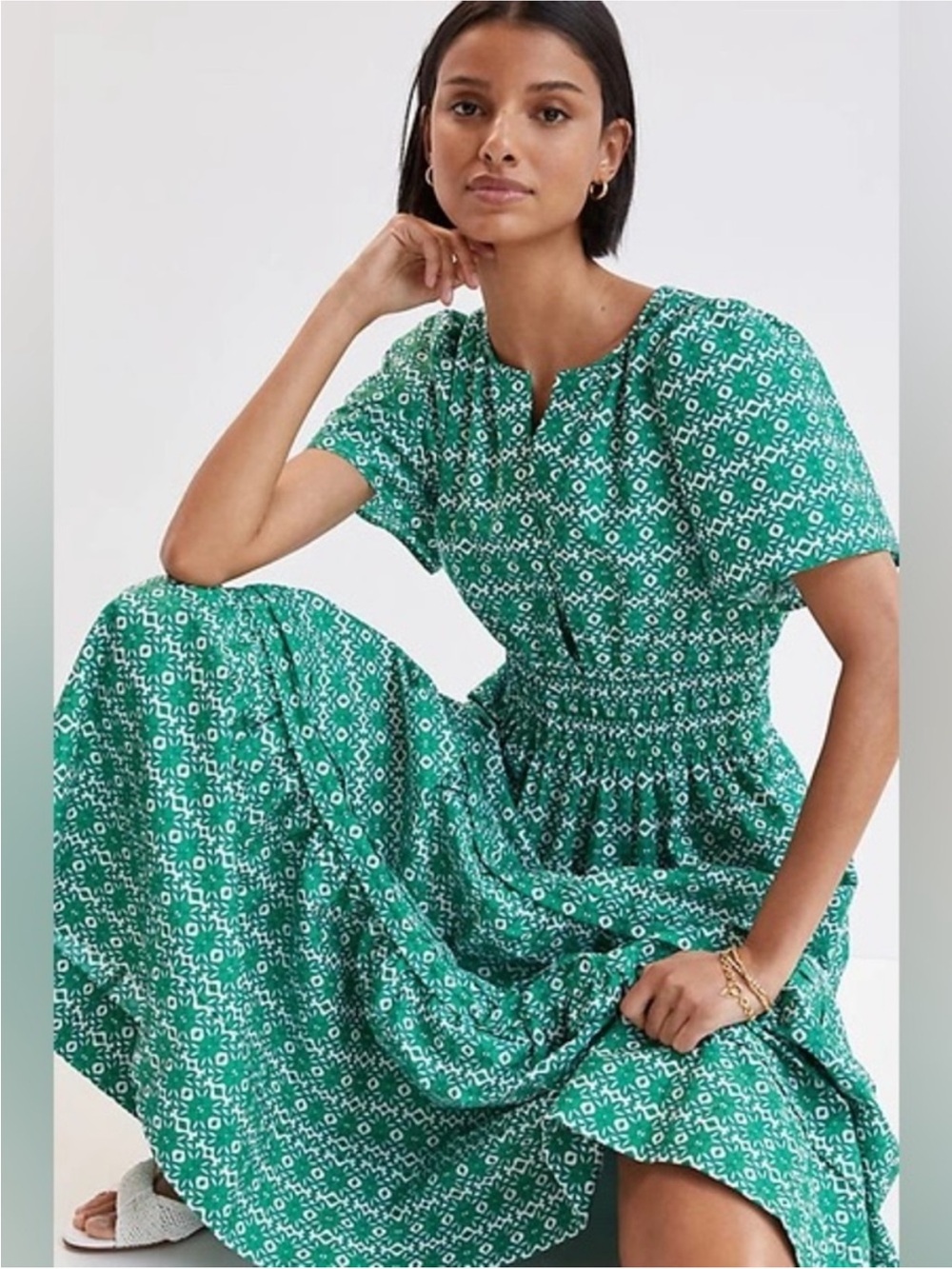 Anthropologie Somerset Maxi Dress Green N White Tile Print X-Small RARE Print